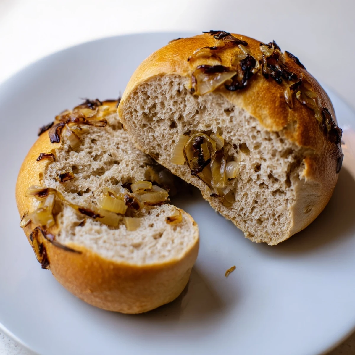 Warm, chewy Sourdough Onion Bagels with sweet onions and a golden crust, ready for a cream cheese spread.
