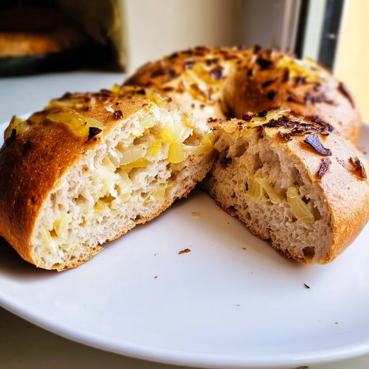 Golden-brown Sourdough Onion Bagels, fresh from the oven, topped with deeply caramelized onions on a rustic wooden board.
