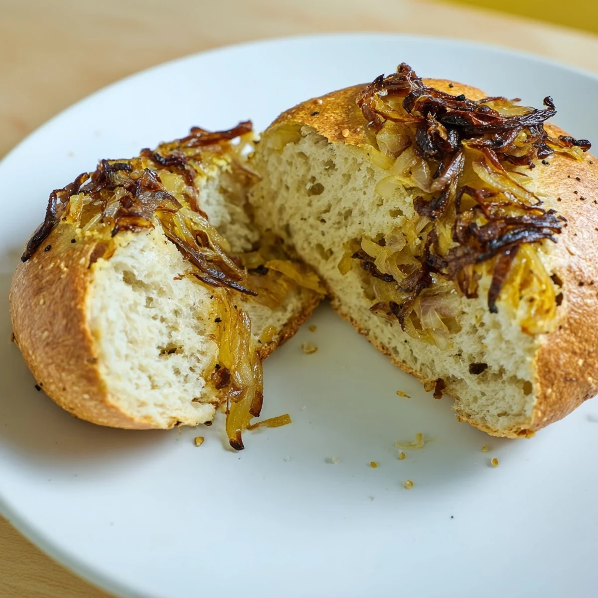 Freshly baked Sourdough Onion Bagels arranged in a basket, showcasing their shiny, browned exterior and savory onion topping.