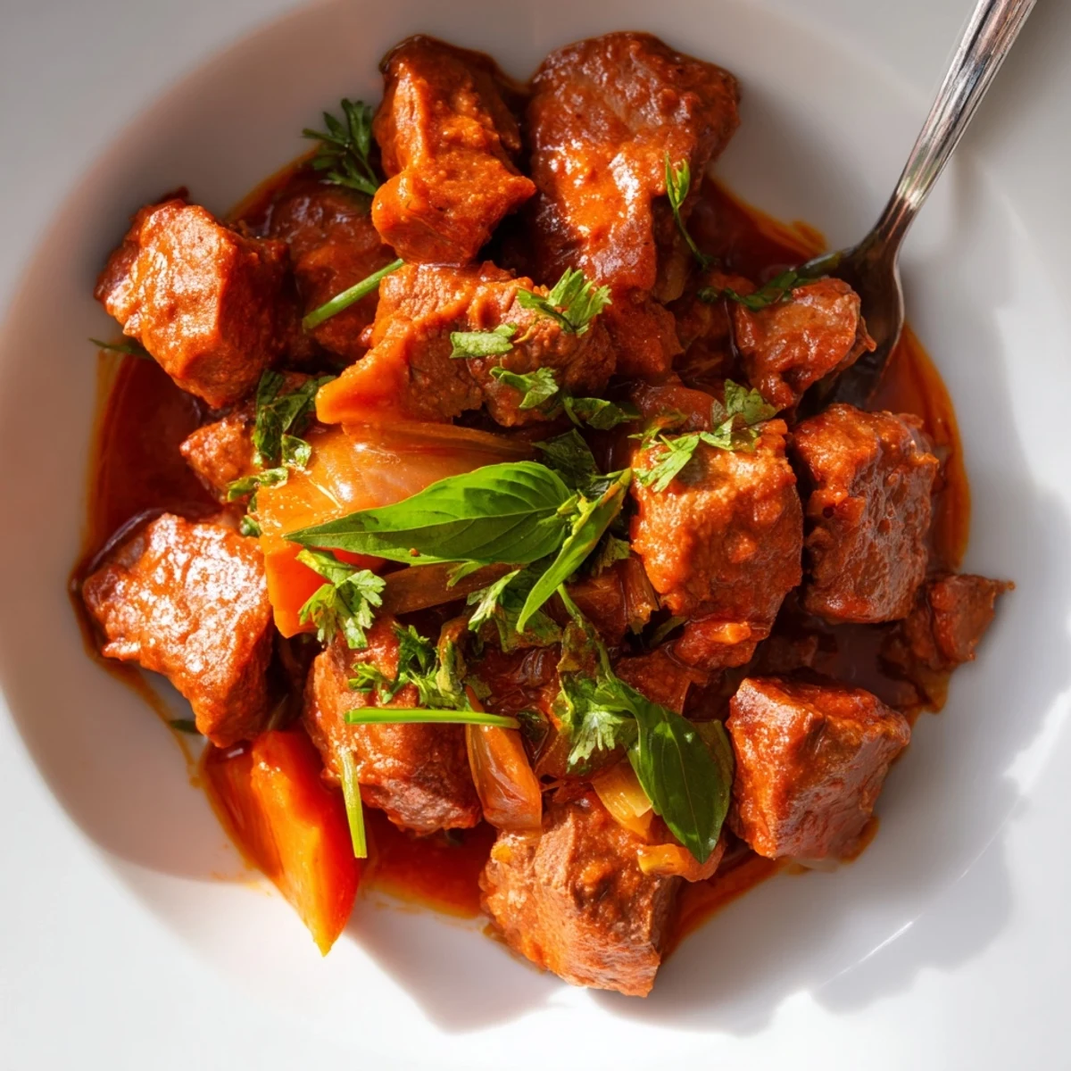 Close-up of fragrant Bo Kho featuring carrots, lemongrass, and star anise, ladled into a rustic ceramic bowl.