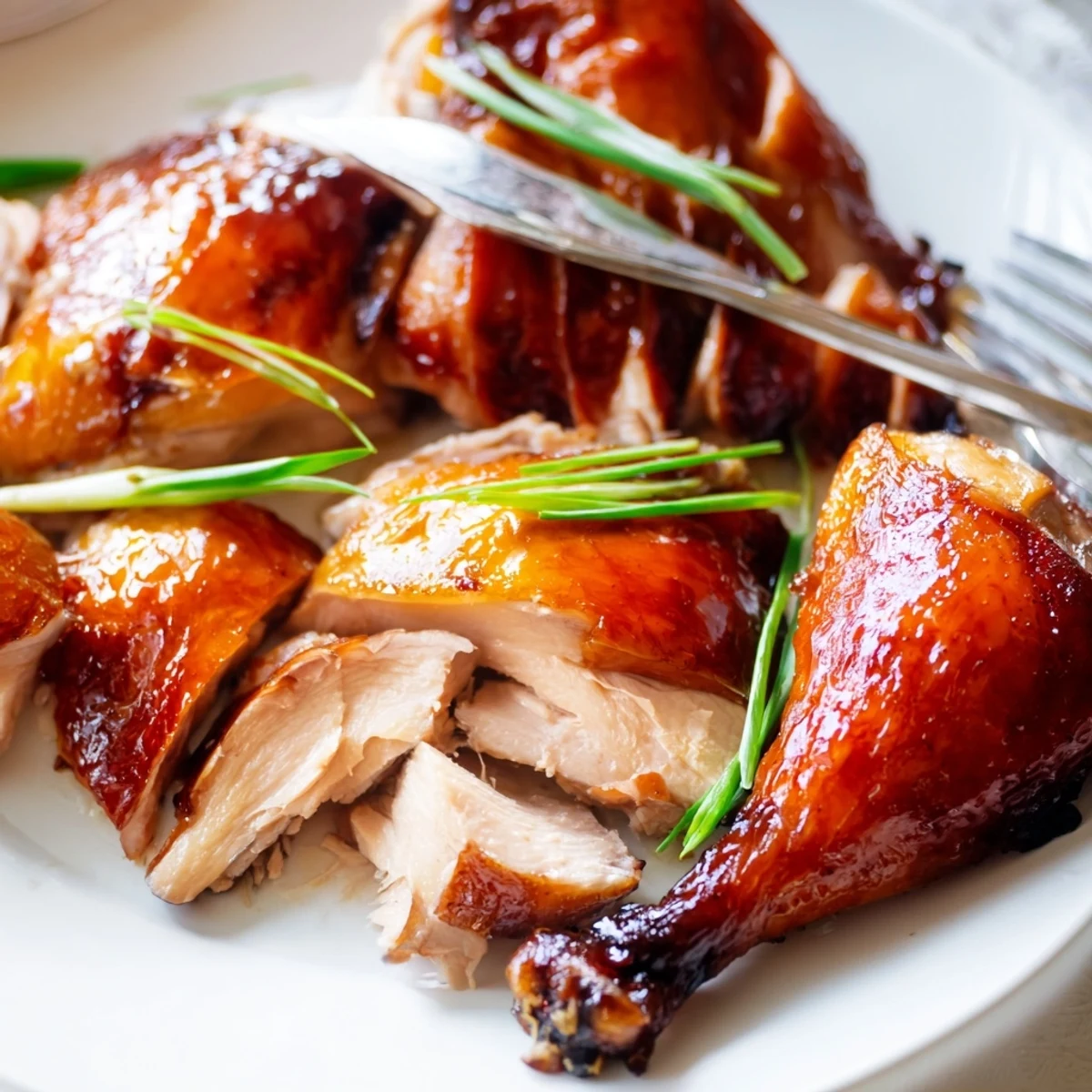 Golden-brown Shandong Roast Chicken with crispy skin sits carved on a white platter, juicy meat glistening beside a small bowl of savory dipping sauce.