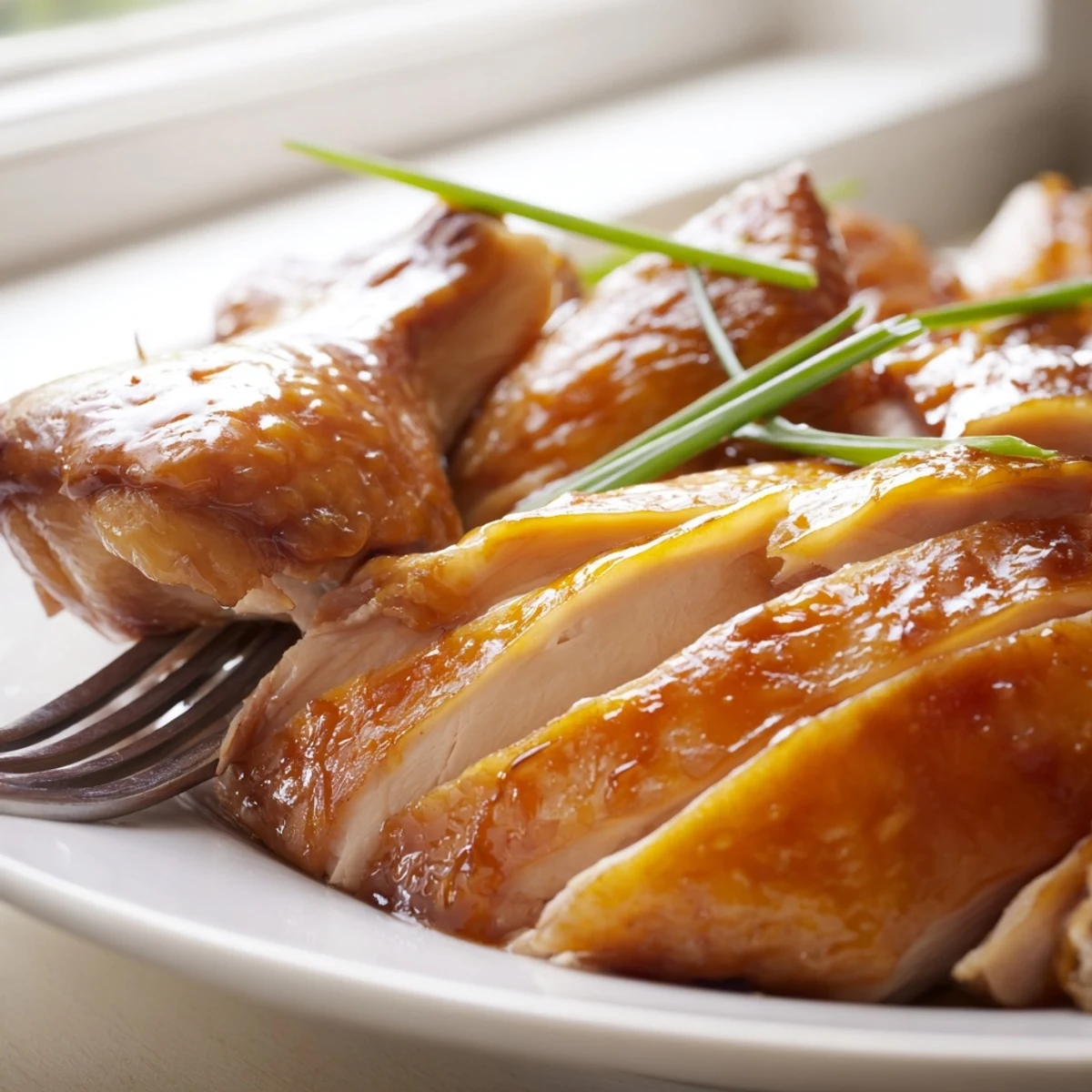 A whole roasted Shandong Roast Chicken rests on a wooden board, aromatic spices and honey glaze making the crispy skin look irresistible.