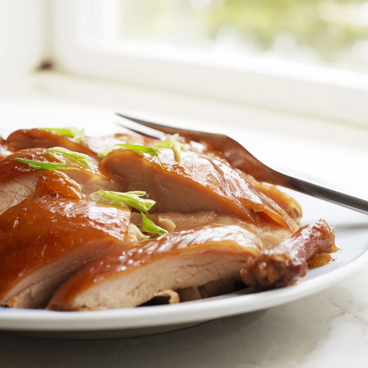 Juicy slices of Shandong Roast Chicken reveal tender meat, served with a dark soy and vinegar dipping sauce for a classic Chinese main dish.