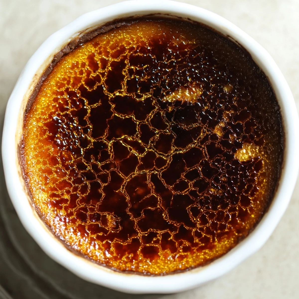 Four elegant ramekins of chocolate crème brûlée for Valentines Day, each with a crackly caramelized sugar top ready to be broken.