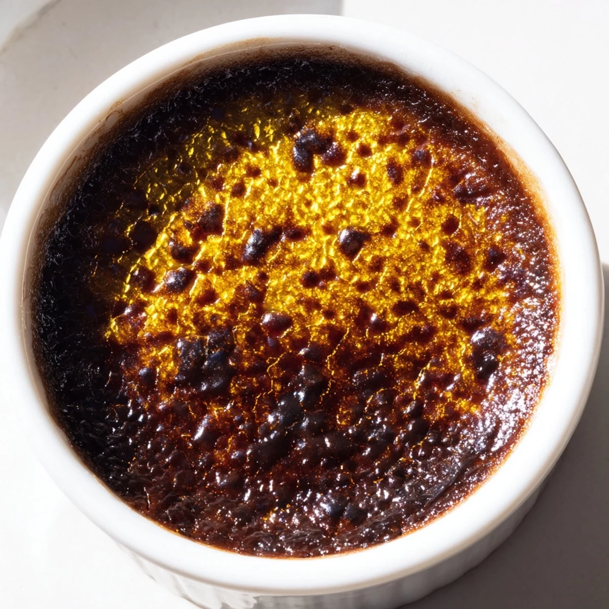 Fresh raspberries garnish this chocolate crème brûlée for Valentines Day, sitting beside a dessert spoon on a romantic table.