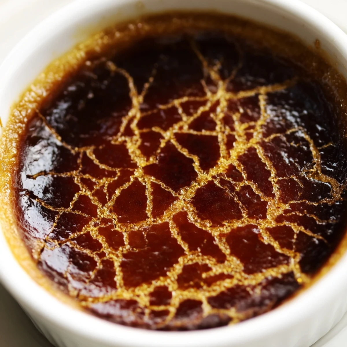 A close view of chocolate crème brûlée for Valentines Day, showing silky dark custard and a torch-caramelized sugar crust.