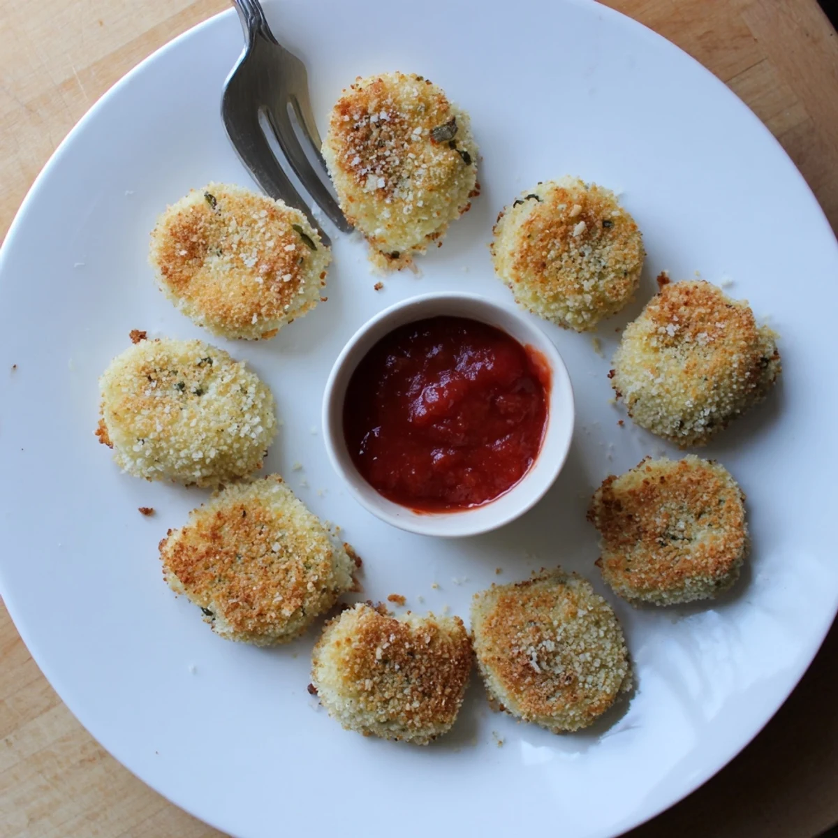 Golden-brown Crispy Cottage Cheese Treats arranged on a plate with a side of marinara dipping sauce.
