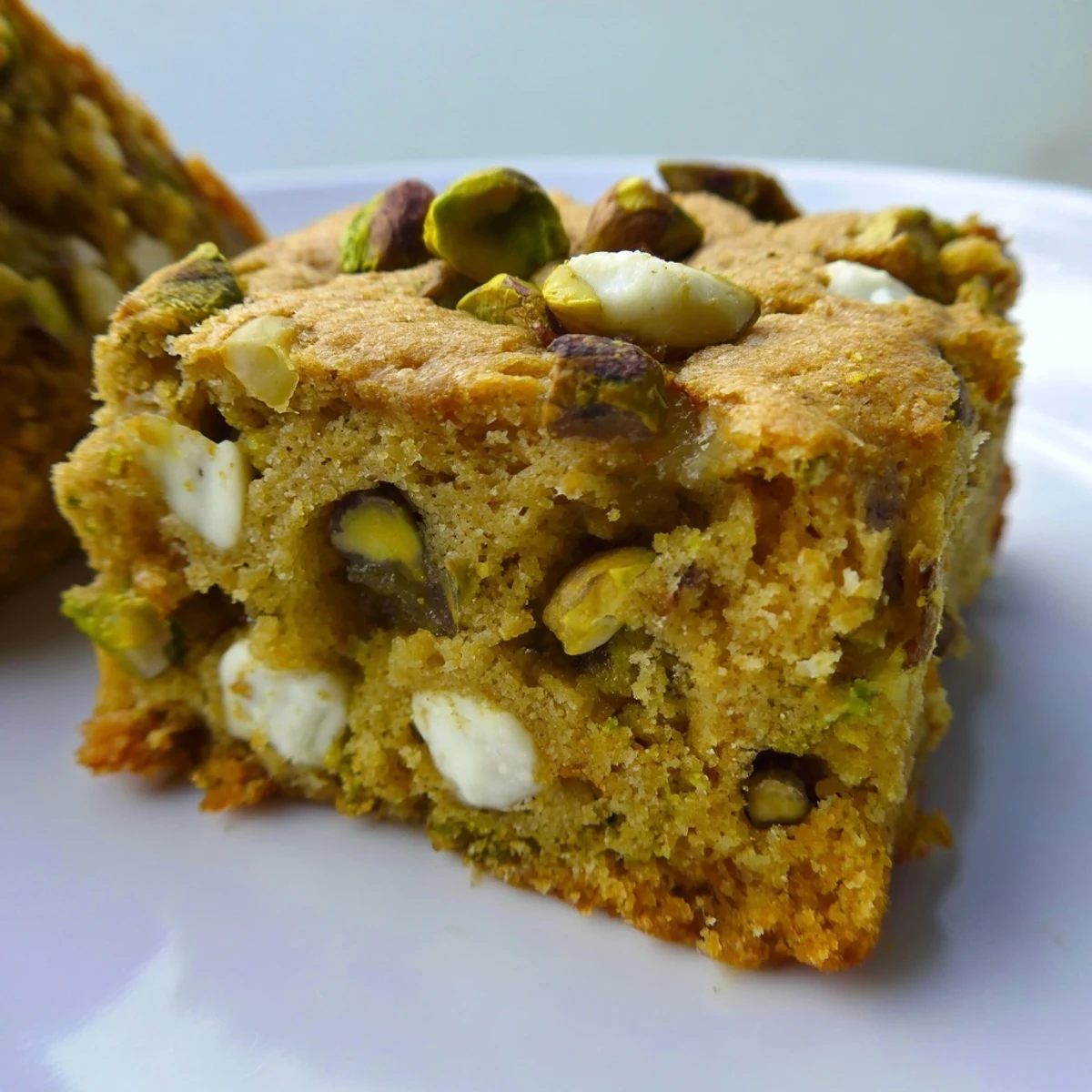 Golden-brown pistachio blondies cooling on a wire rack, featuring toasted nut pieces and a chewy texture perfect for dessert lovers.