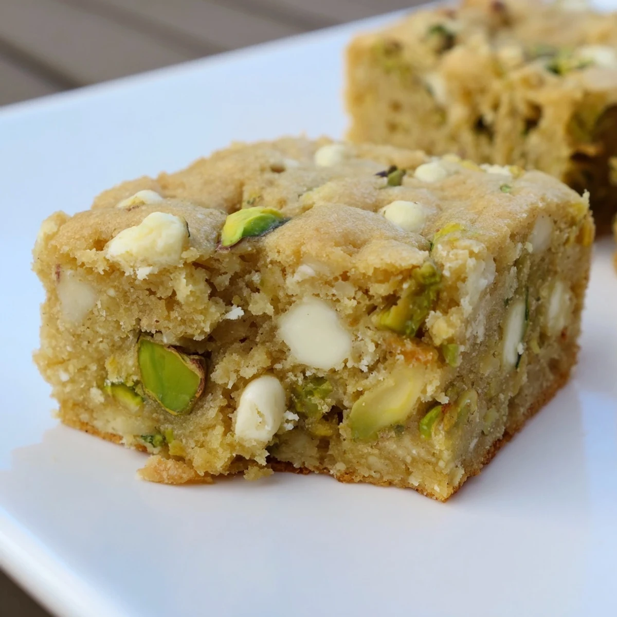 A close-up of pistachio blondies with white chocolate chips and vanilla, ready to serve with a scoop of vanilla ice cream.