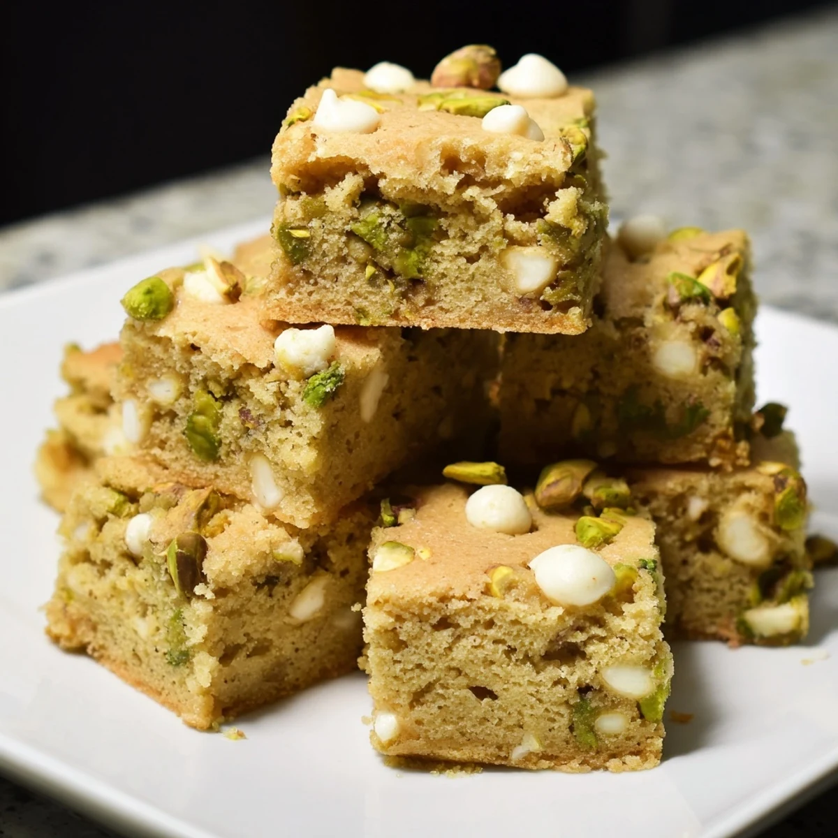 Stack of homemade pistachio blondies with a rich buttery crumb, highlighting the vibrant green pistachios and caramelized brown sugar edges.