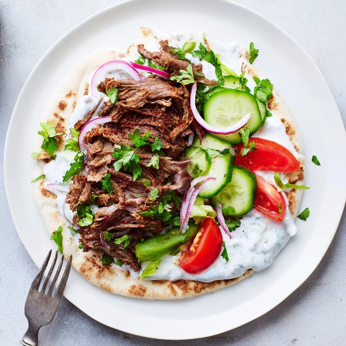 Freshly grilled Homemade Doner Kebab slices layered with crisp lettuce and ripe tomatoes inside warm flatbread.