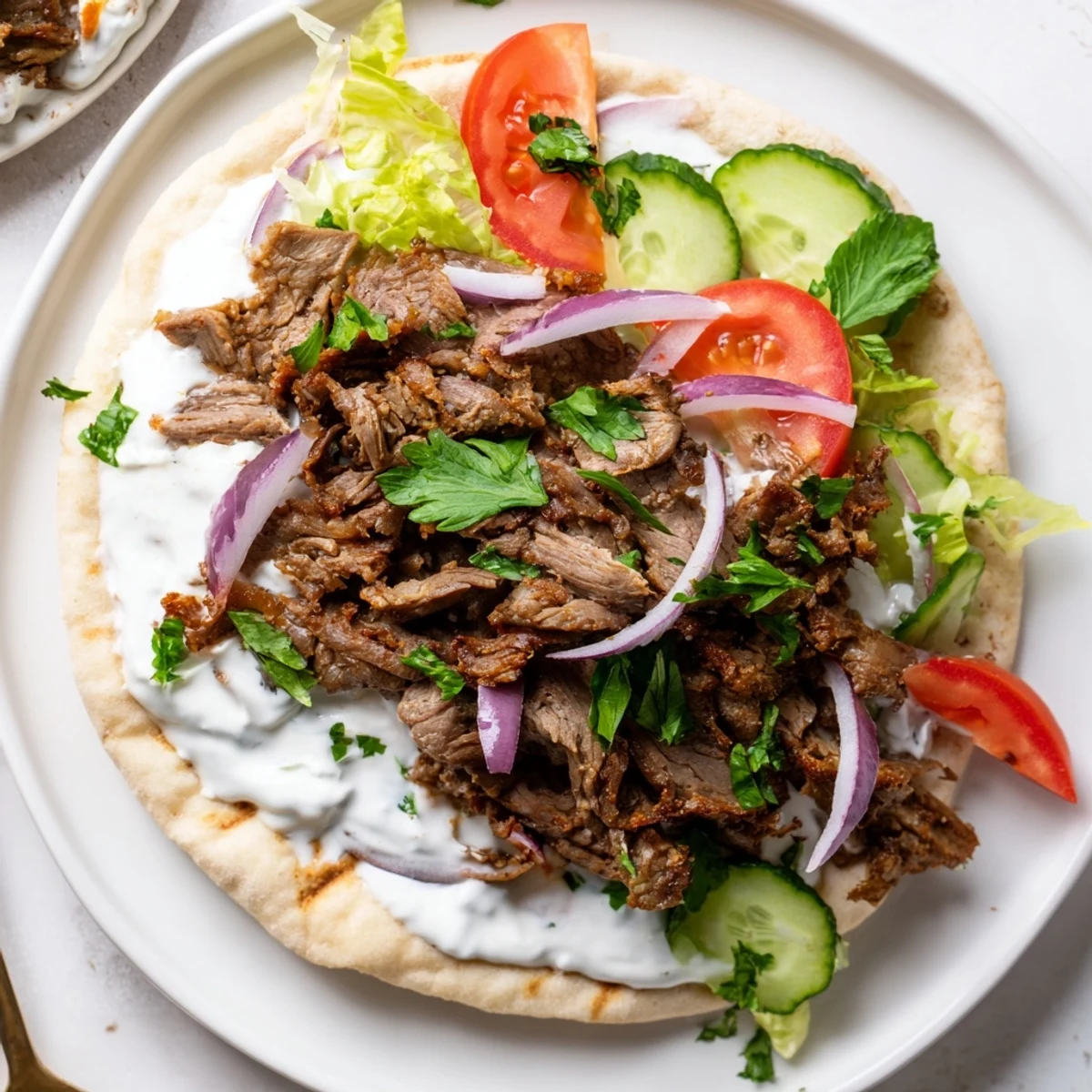 Creamy garlic yogurt sauce drizzled over spiced lamb meat in a toasted pita wrap for dinner.