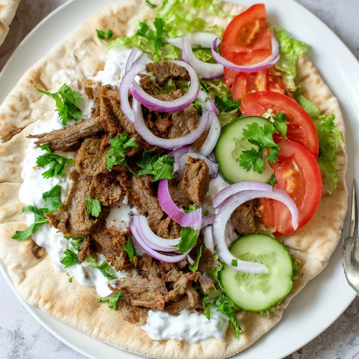 Golden brown skewered meat from this Homemade Doner Kebab recipe served with fresh cucumbers and onions.