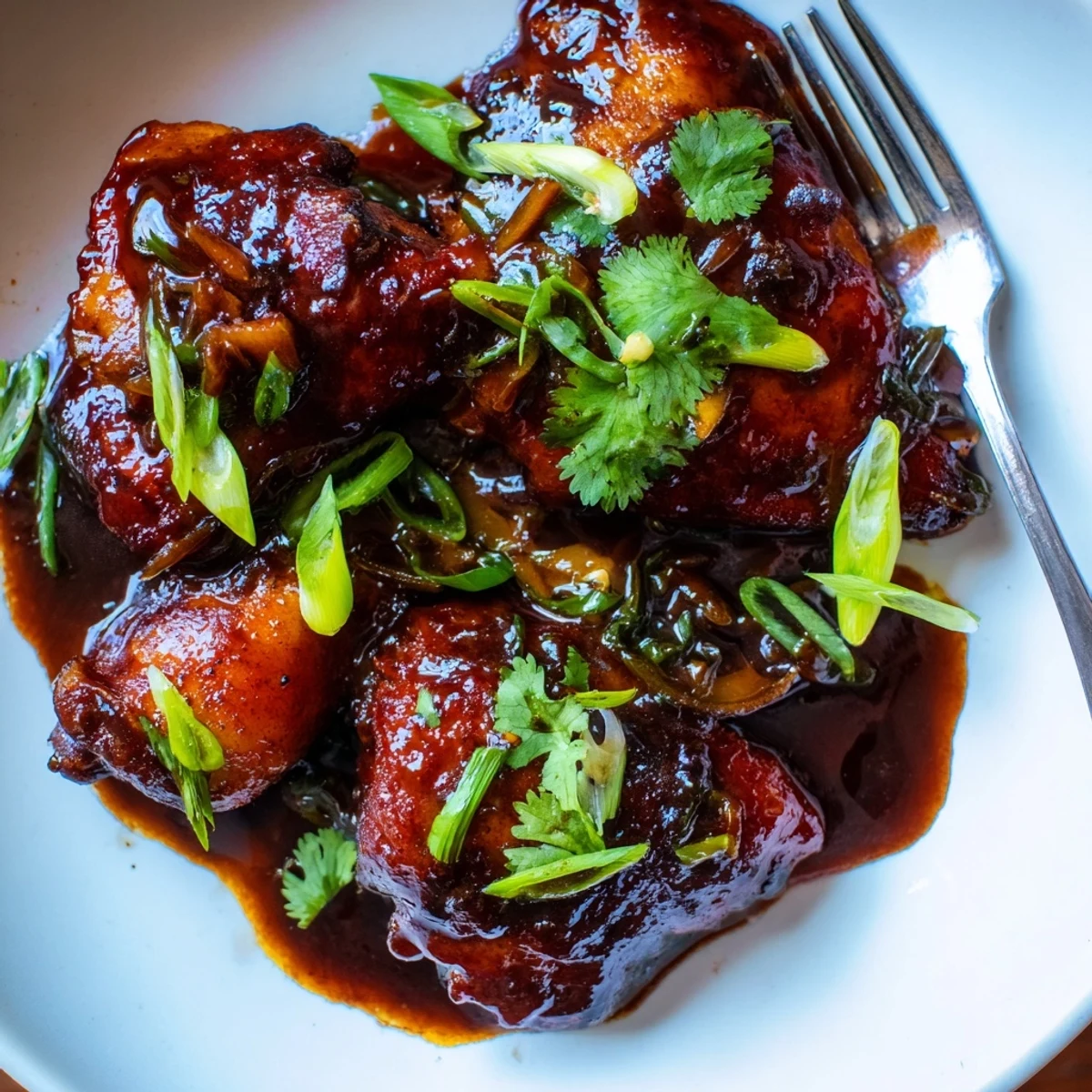 Close-up of tender Ga Kho chicken in glossy caramel sauce, garnished with scallions.