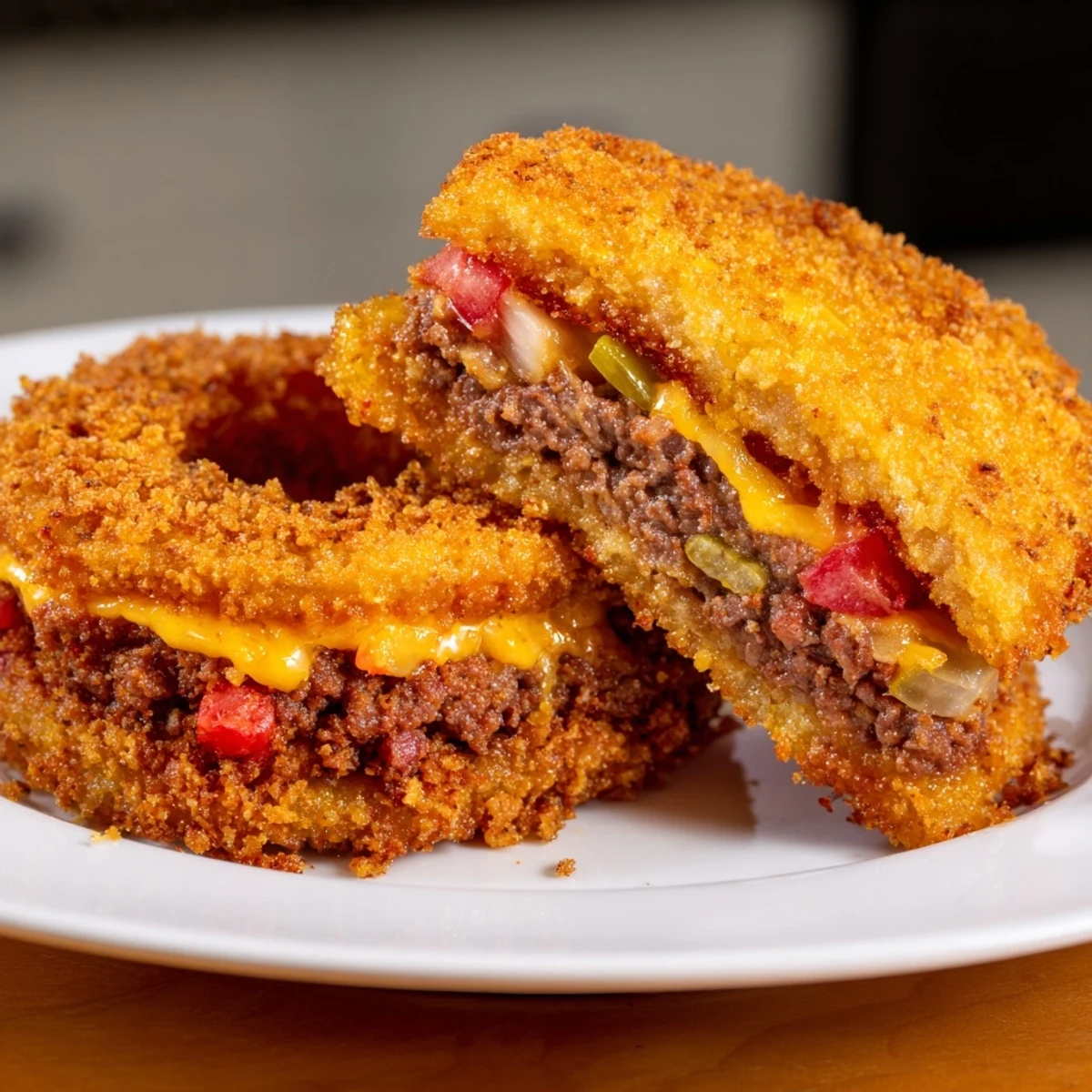 Sizzling golden cheeseburger onion ring roll fresh from fryer, filled with juicy beef, cheese, and pickles on platter.
