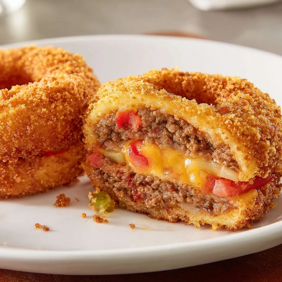 Fried cheeseburger onion ring roll with crispy golden rings around seasoned ground beef, melted cheddar, and tangy pickles inside.