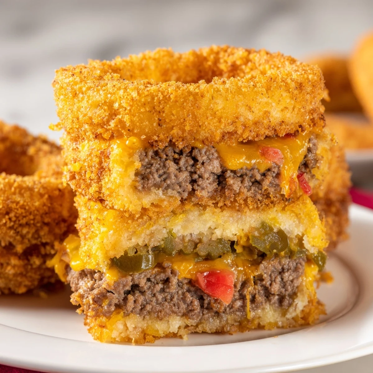 Crispy homemade cheeseburger onion ring roll plated with ketchup mustard dipping sauce, perfect for game day appetizer spread.