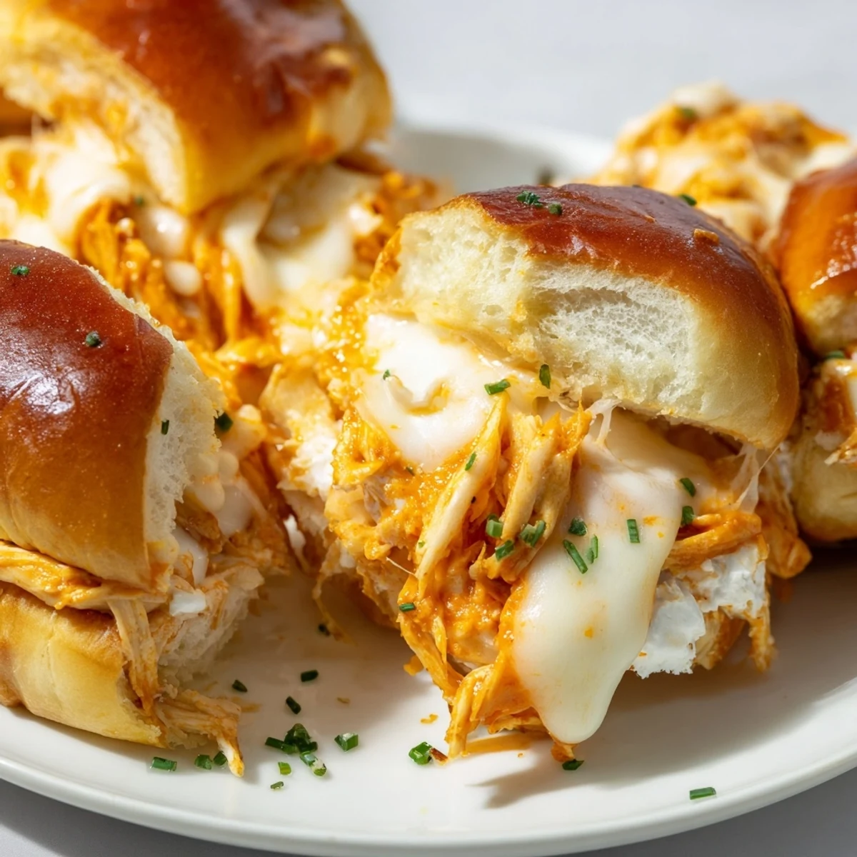 A platter of Buffalo Chicken Pizza Dip Sliders served with fresh chives and a side of ranch dressing.