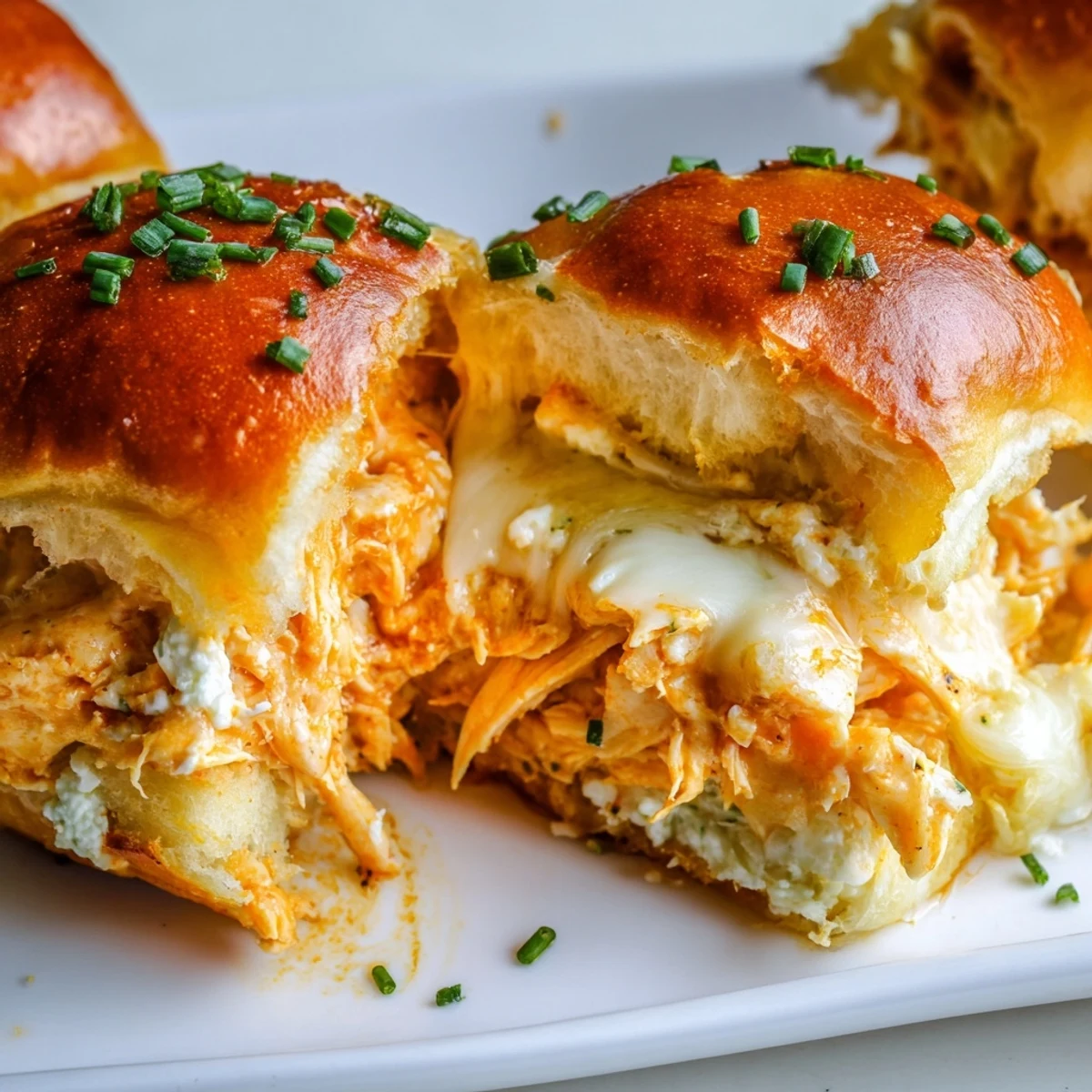 Close-up of Buffalo Chicken Pizza Dip Sliders revealing a creamy buffalo chicken filling inside soft Hawaiian rolls.
