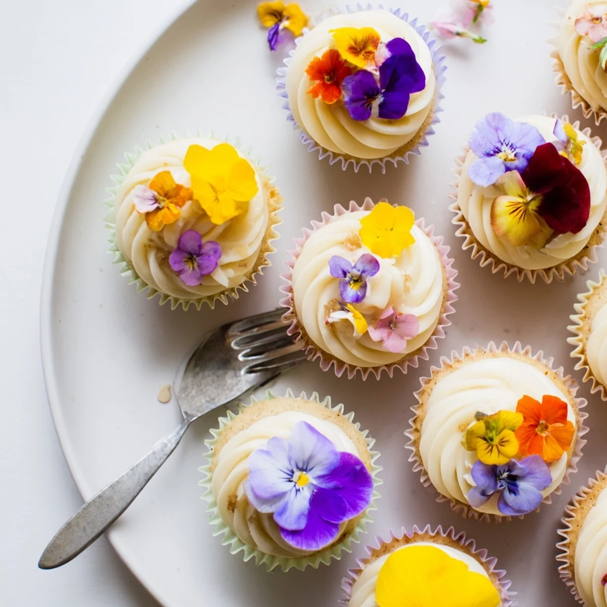 Freshly baked Wild Flower Cupcakes with piped buttercream and colorful edible wildflowers, ready to serve at an American spring event.