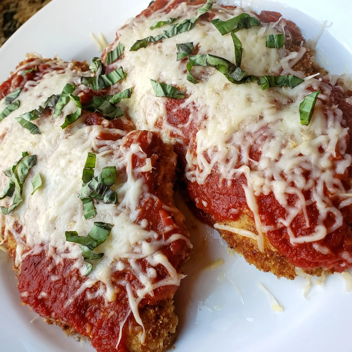 Close-up shot of the Amazing 15 Minute Keto Chicken Parmesan featuring bubbly cheese and rich tomato sauce over juicy chicken, perfect for a quick low-carb dinner.