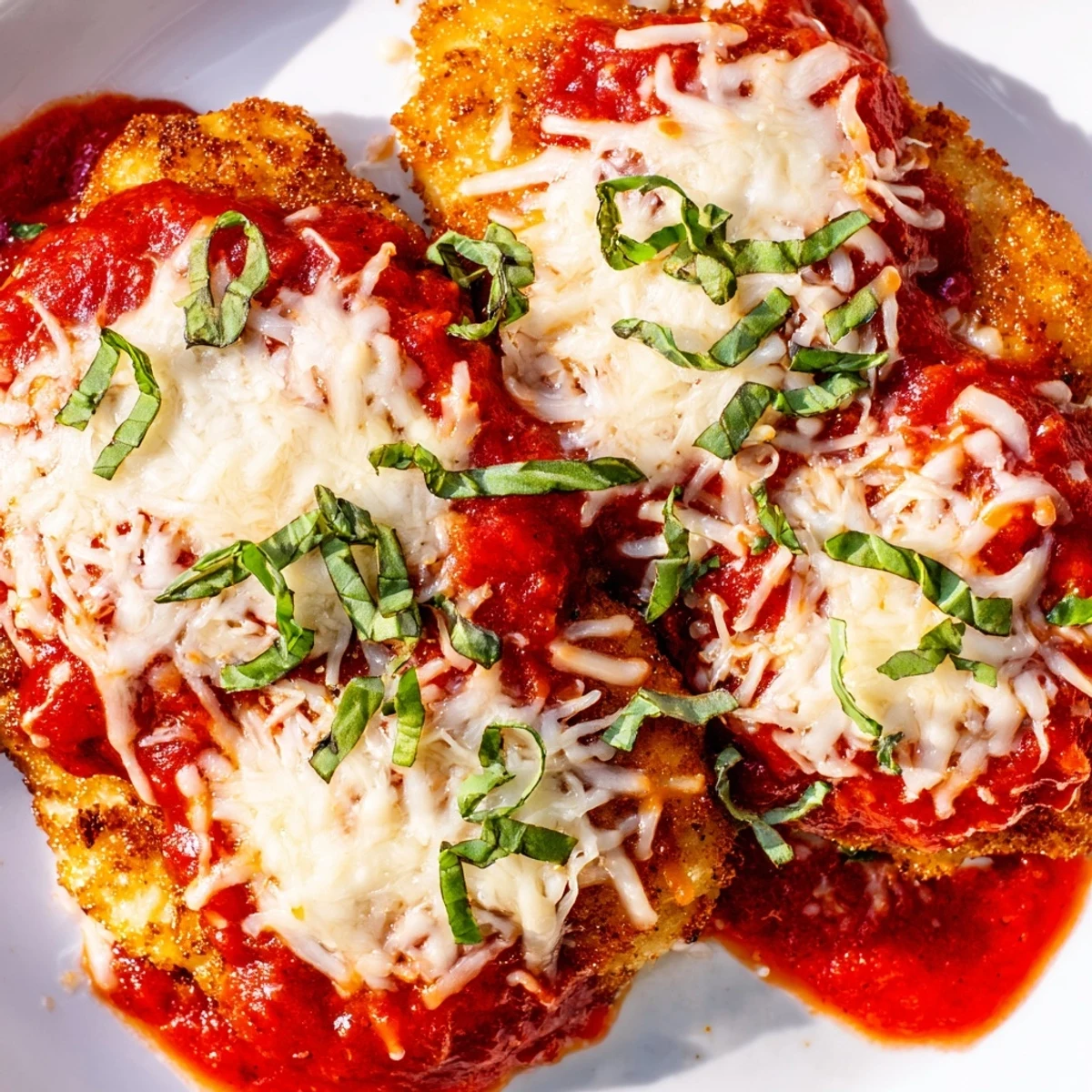 Golden-brown chicken breasts topped with melted mozzarella and marinara sauce, the Amazing 15 Minute Keto Chicken Parmesan served on a white plate with fresh basil.