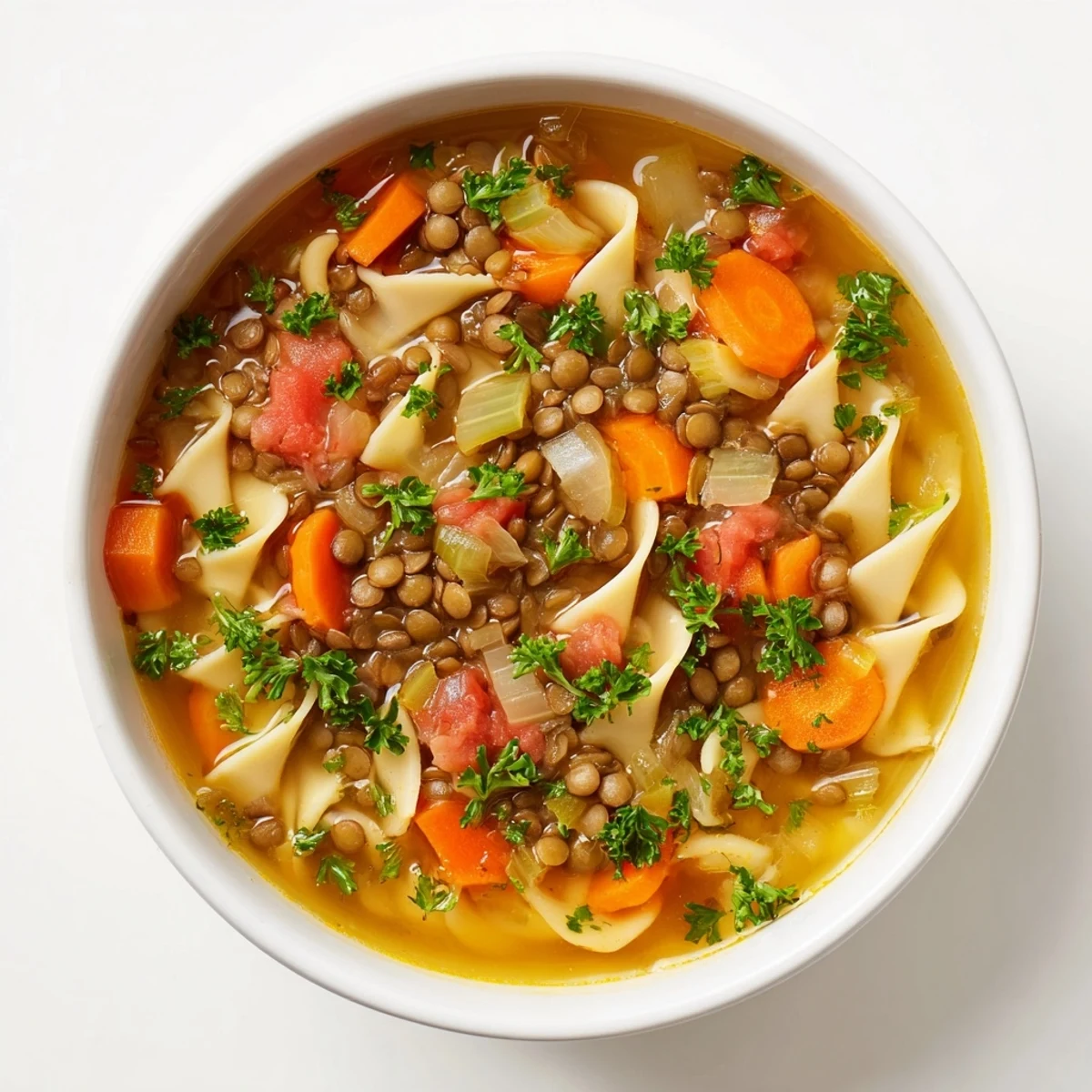 A close-up of steaming Lentil Noodle Soup in a rustic bowl, topped with fresh parsley and lemon wedges.