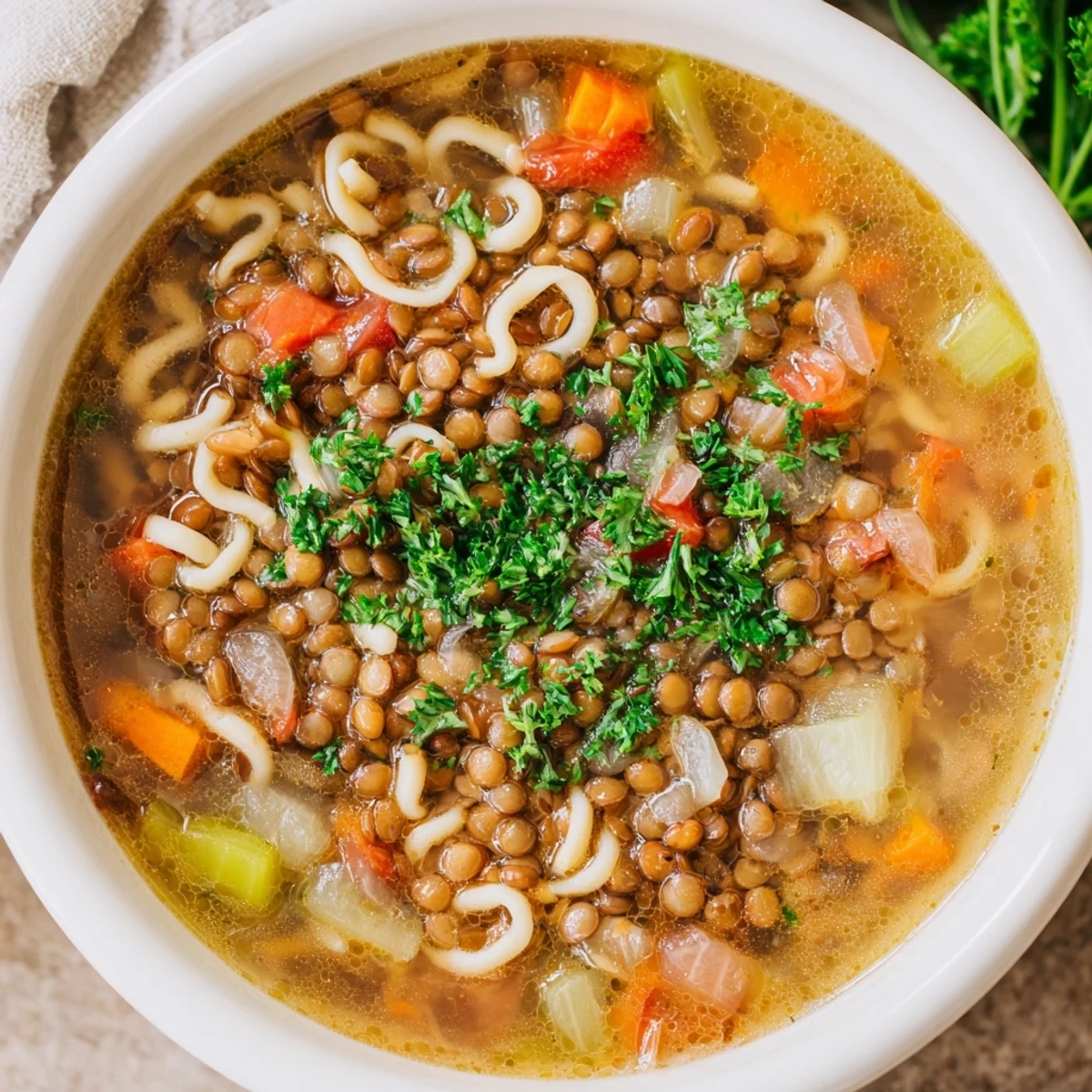 Lentil Noodle Soup with tender brown lentils and soft noodles in a rich broth, served alongside crusty bread.