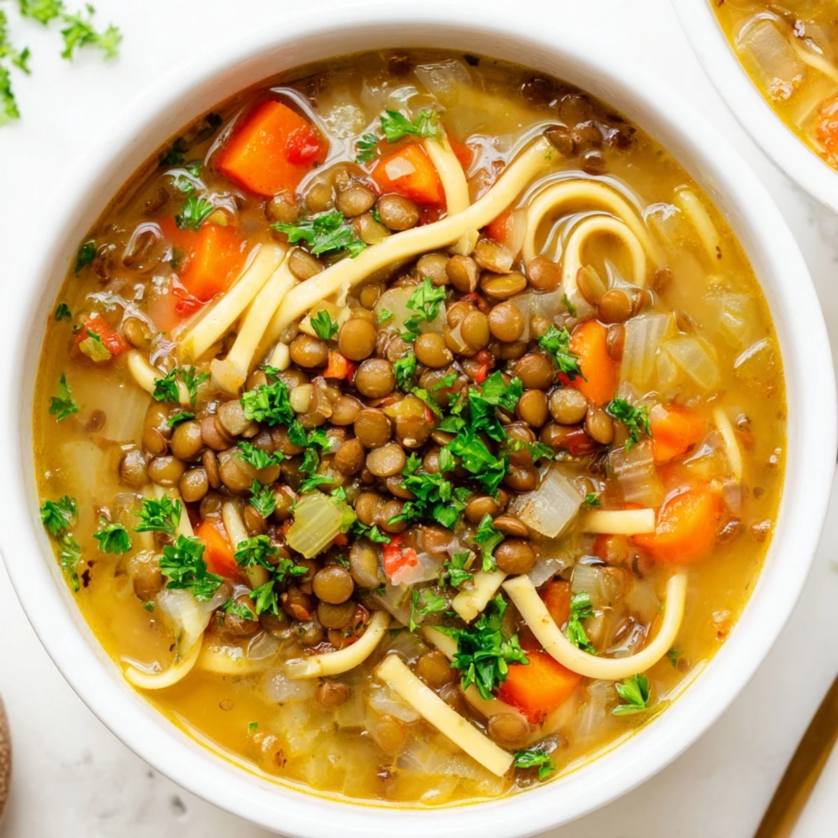 Healthy Lentil Noodle Soup simmering in a pot with carrots and celery, a perfect cozy weeknight dinner idea.