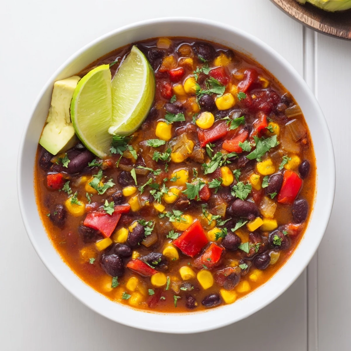 A warm bowl of Black Bean Corn Chili Lime Delight garnished with avocado and cilantro.