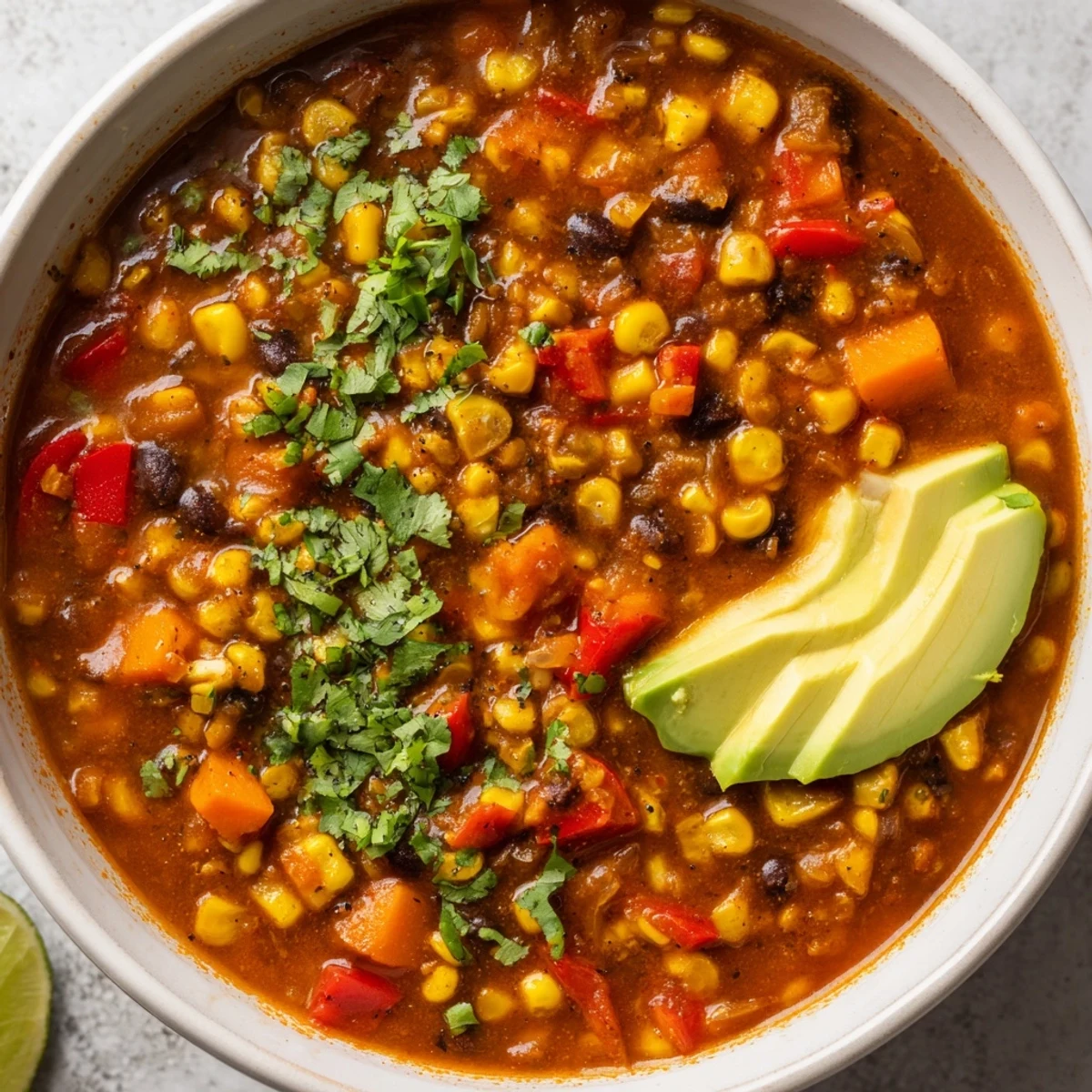 A steaming pot of Black Bean Corn Chili Lime Delight simmering with corn and beans.