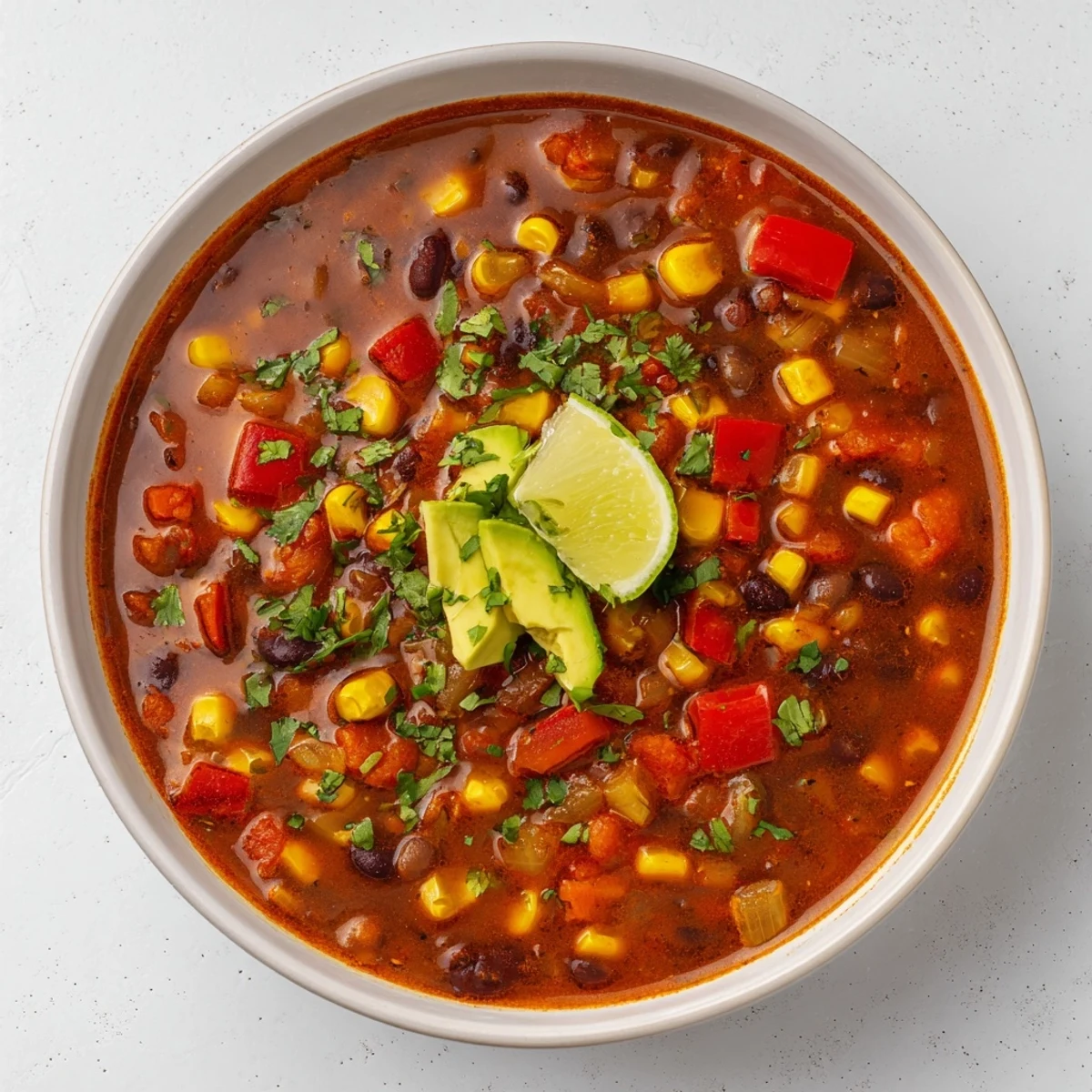 Close-up of Black Bean Corn Chili Lime Delight topped with fresh lime wedges and cilantro.