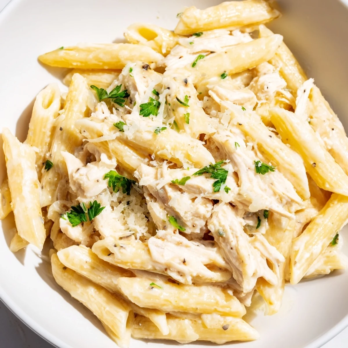 Creamy crockpot garlic parmesan chicken pasta with tender shredded chicken, penne noodles, and fresh parsley garnish.