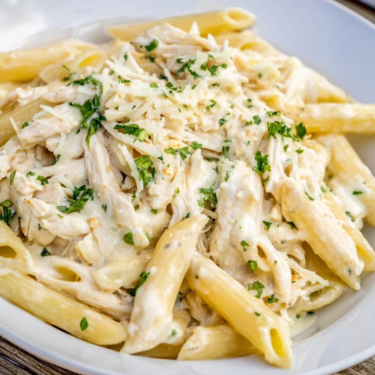 A spoon lifts cheesy, garlicky sauce over al dente pasta in a slow cooker for this crockpot garlic parmesan chicken pasta.