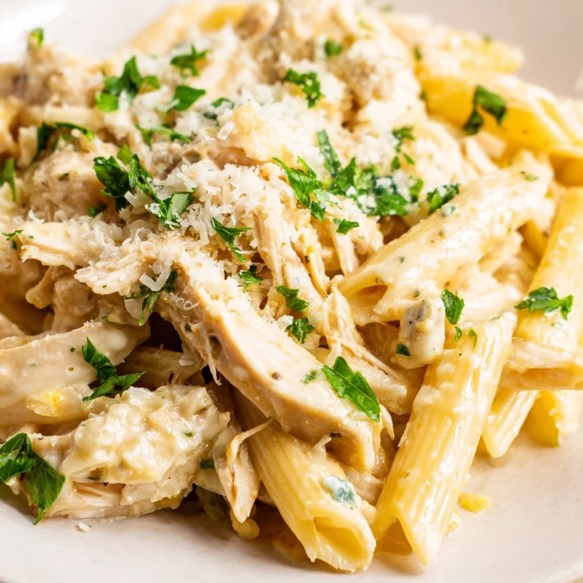 Hearty crockpot garlic parmesan chicken pasta served family-style in a ceramic bowl beside crusty bread and salad.