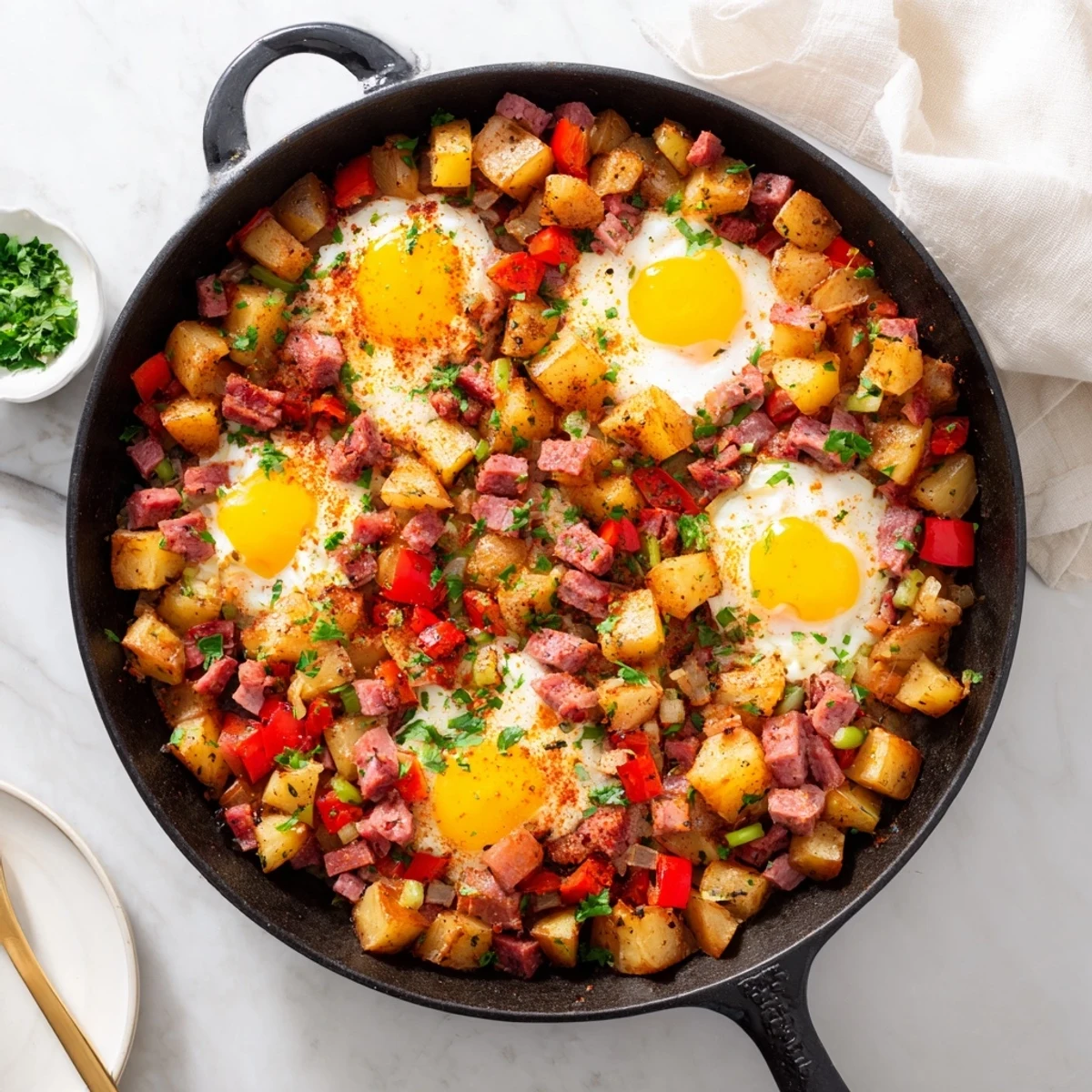 Skillet of Corned Beef Hash Skillet with Crispy Potatoes and Bell Peppers topped with a sunny side up egg.