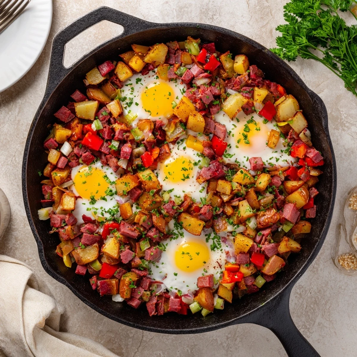 A rustic cast iron skillet serving Corned Beef Hash Skillet with Crispy Potatoes and Bell Peppers for a hearty breakfast.