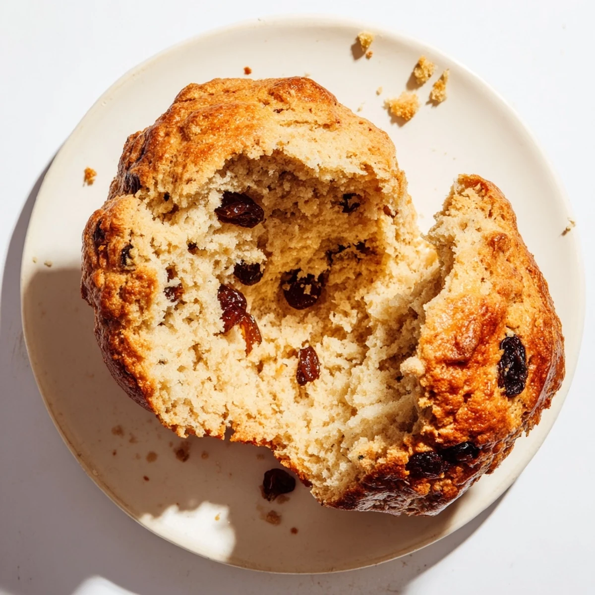 Freshly baked Irish Soda Bread Muffins sit on a wooden board, showcasing a golden-brown crust and a soft, crumbly interior perfect for breakfast.