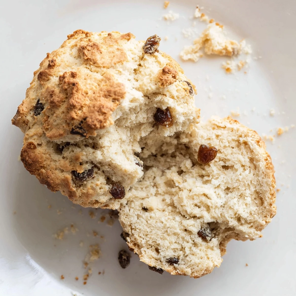 A close-up of warm Irish Soda Bread Muffins reveals a tender, lightly sweet crumb, ready to be served with butter and jam.