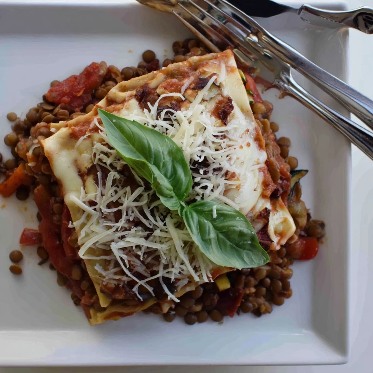 Golden, bubbling Smoky Veggie Lentil Lasagna emerges from the oven with melted mozzarella and fresh basil garnish.
