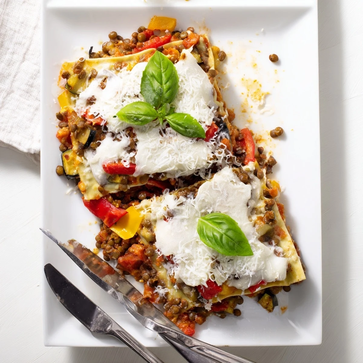 Hearty slices of Smoky Veggie Lentil Lasagna reveal layers of roasted vegetables and creamy béchamel on a rustic table.