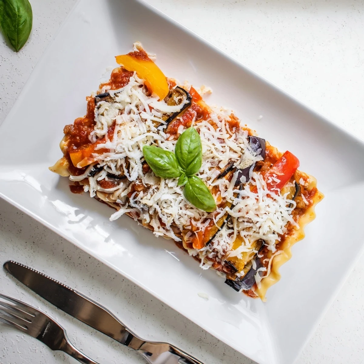 A close-up view shows Smoky Veggie Lentil Lasagna with smoky eggplant, zucchini, and bell peppers layered between noodles.