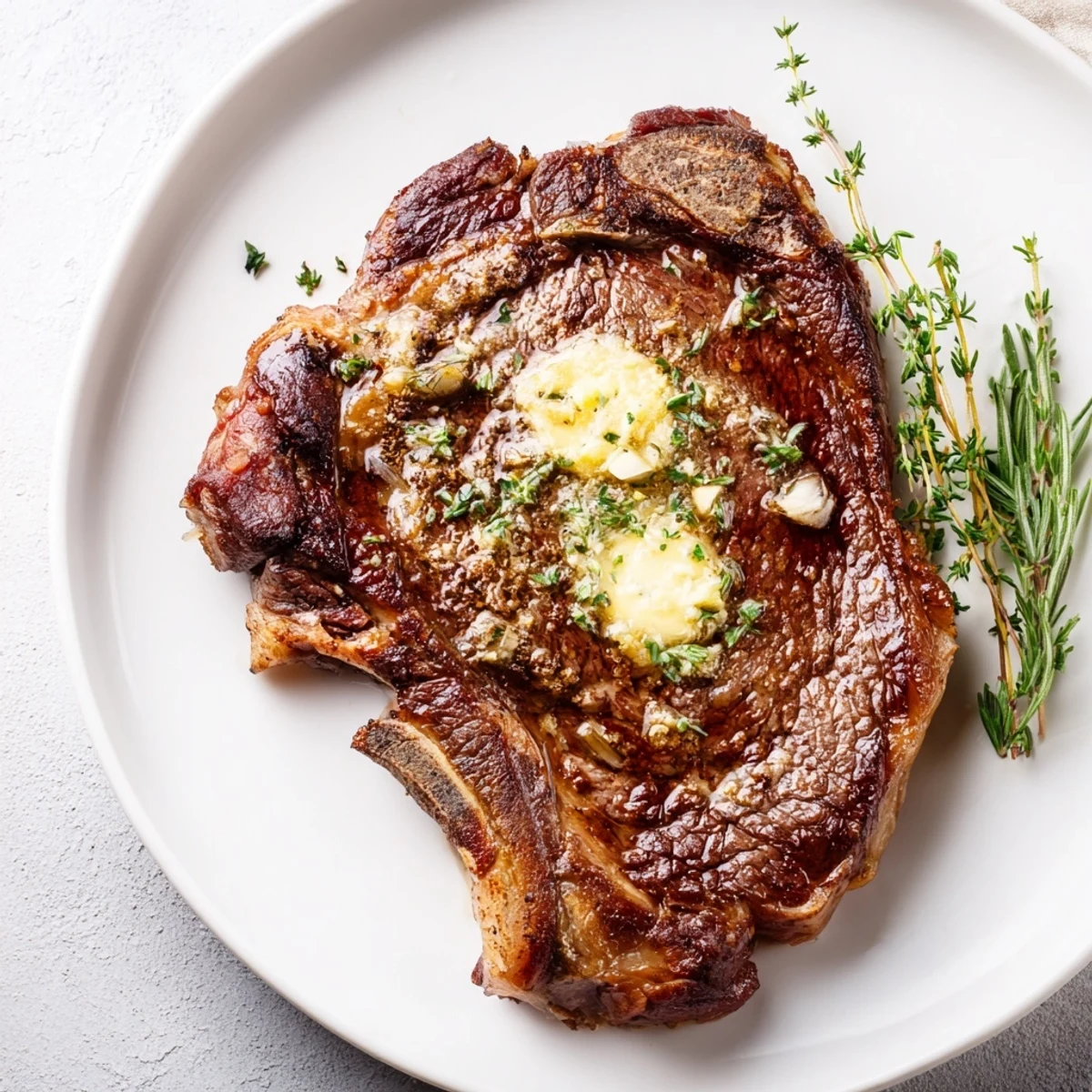 Golden Pan Seared Ribeye Steak plated with mashed potatoes, drizzled with melted garlic butter and fresh rosemary sprigs.