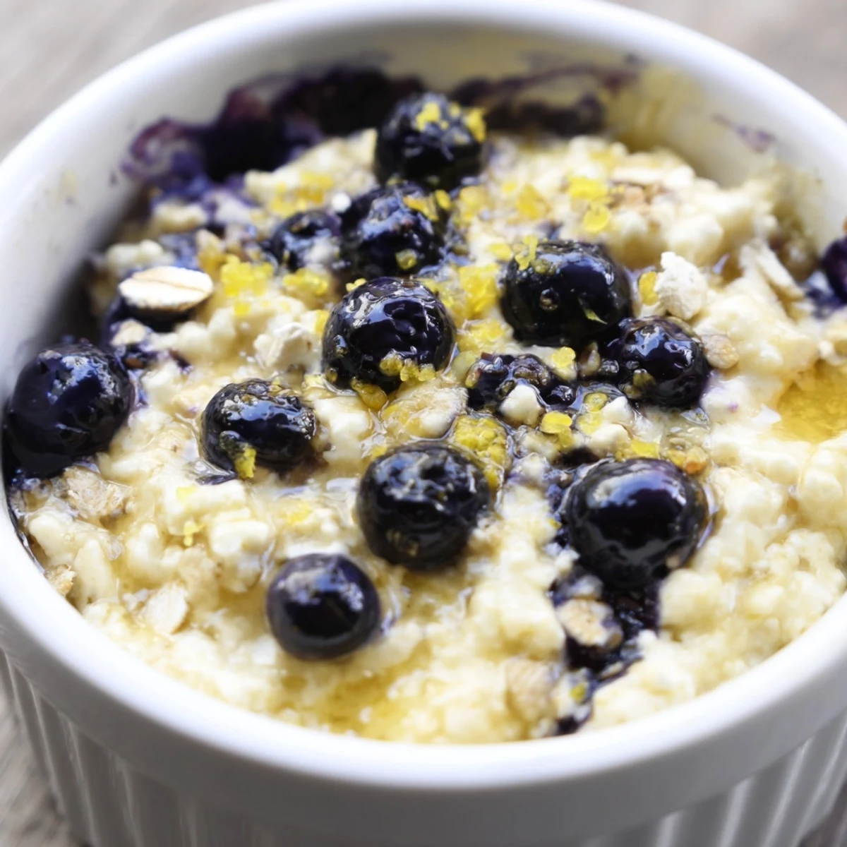 Golden Baked Blueberry Cottage Cheese Breakfast Bowls served in individual dishes, garnished with extra blueberries and a dusting of lemon zest.