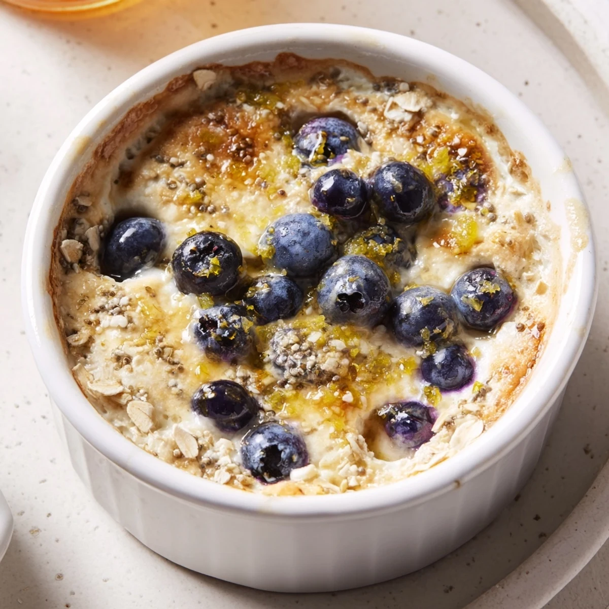 Freshly baked Baked Blueberry Cottage Cheese Breakfast Bowls steaming warmly in ramekins, topped with toasted almonds and a honey drizzle.