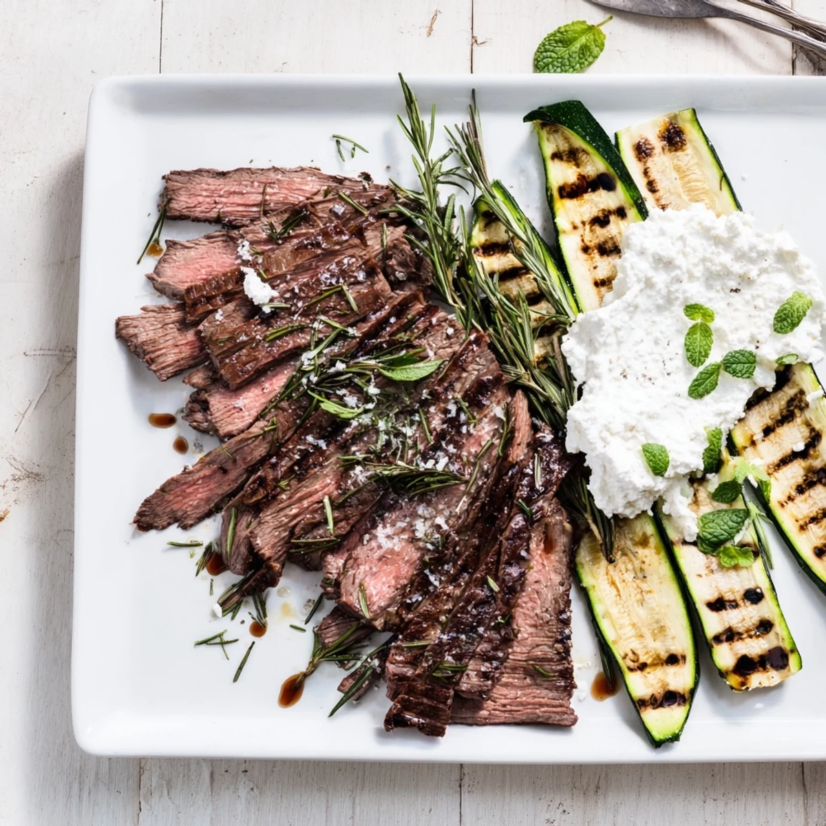 Juicy balsamic flank steak with smoky grilled zucchini and creamy whipped feta garnished with fresh mint.