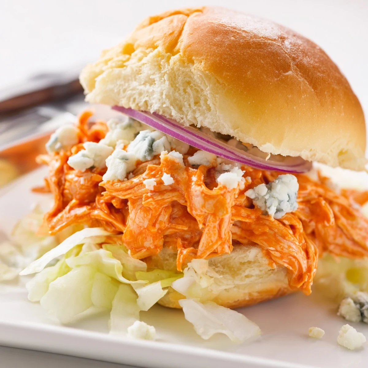 Golden toasted slider buns cradle tender shredded chicken coated in a zesty, fiery Buffalo sauce, topped with creamy blue cheese crumbles. 