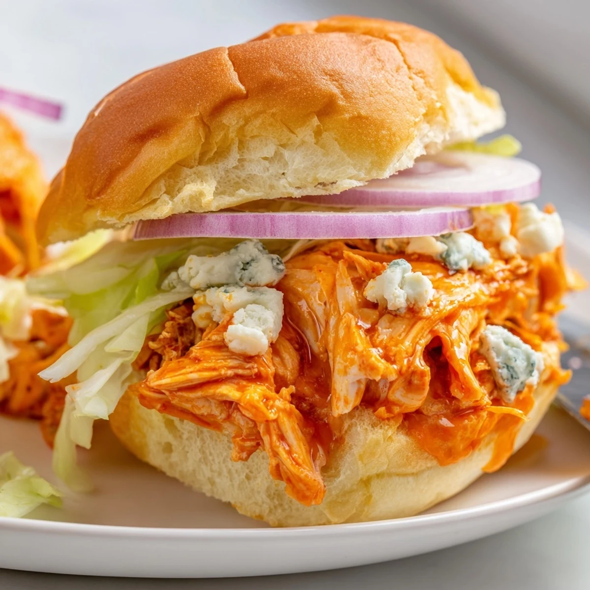 Juicy shredded Buffalo chicken rests on toasted buns beneath cool lettuce and rich blue cheese, perfect for a crowd.