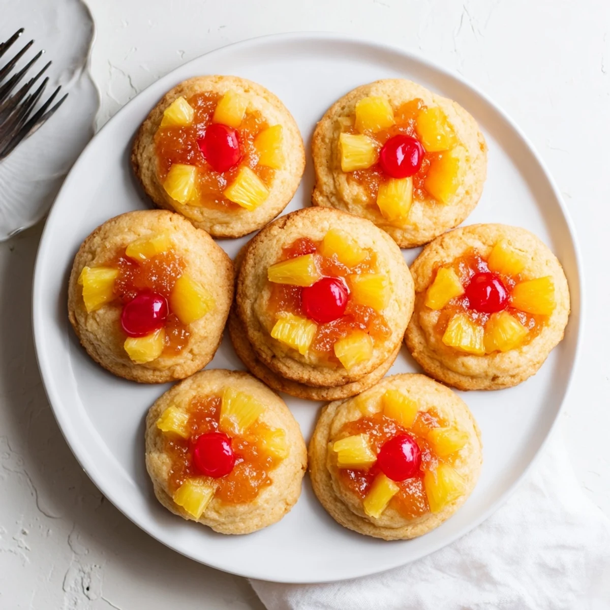 Each soft-baked cookie showcases a glossy brown sugar glaze with pineapple chunks and half a cherry.