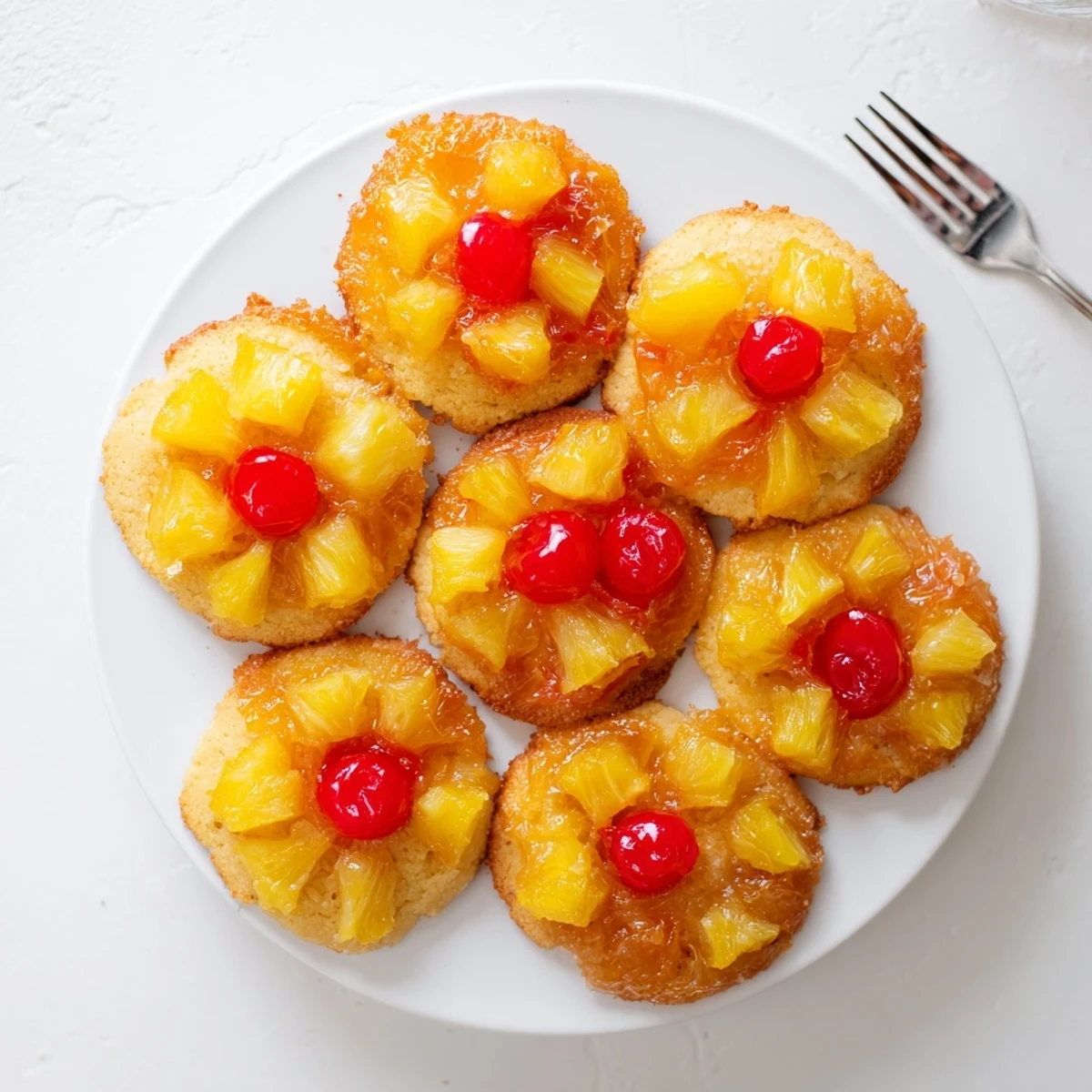 Served on a white plate, these tropical Pineapple Upside Down Sugar Cookies are perfect with vanilla ice cream.